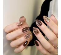 Chic Brown Leopard Short Press On Nails Almond Shape Fake Nails - Autumn Halloween Short French Tip False Handmade Kit with Premium ABS Materials, Long-Lasting Comfort & No Irritation