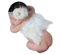 CHIC-CHIC (0-6M) Newborn Infant Baby Girl Feather Angel Wings Costume Outfit with Flower Hairband Cosplay Photography Props Set (Beige)