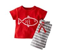 CHIC-CHIC 2pcs Baby Boys' Summer Clothing Sets Outfits Cute Cartoon Short Sleeve T-Shirts Top+ Stripe Shorts Pants Set (12-18 Months, Red)