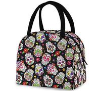 Chic Day of The Dead Sugar Skulls Pattern Reusable Lunch Tote Bag with Front Pocket Zipper Closure Insulated Cooler Container Bag for Man Women Work Picnic Travel Beach Fishing