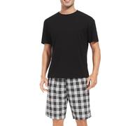 Chic Defend Men's Short Pyjama Set Two Piece with Short Sleeve T-Shirt and Checked Pyjama Bottoms Summer Sleepwear for Men Loungewear, Black and black and white chequered, XL
