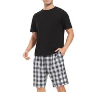 Chic Defend Men's Short Pyjama Set Two Piece with Short Sleeve T-Shirt and Checked Pyjama Bottoms Summer Sleepwear for Men Loungewear, Black + blue white chequered, XL
