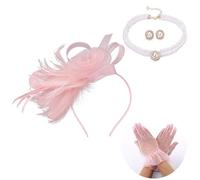 CHIC DIARY Fascinators Hat Sets for Women Wedding Cocktail Tea Party Headwear with Short Gloves Faux Pearl Necklace Earrings, Pink, One Size