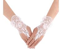 CHIC DIARY Lace Wedding Fingerless Gloves With Rhinestone for Party Halloween - White Tulle, One Size