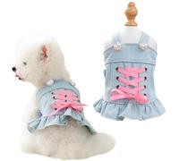 Chic Dog Dress Elegant Princess Tutu Dress with Pearl Trim Bow & Crossback Ribbon Tie for Christmas Weddings & Special Occasions (Blue & Pink, Large)