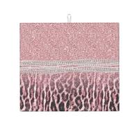 Chic Girly Pink Leopard Animal Print Glitter, Dish Drying Mat, 18x16 Inch Absorbent Microfiber Quick Dry Machine Washable for Dishes Pots Pans Glassware Coffee Bar Under Rack