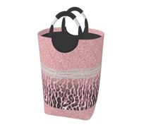 Chic Girly Pink Leopard Animal Print Glitter, Laundry Hamper, Collapsible Laundry Basket Large Durable Storage Bin with Handles 50L