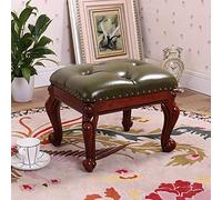 Chic Green PU Leather Ottoman Footstool - Button Tufted Coffee Table Stool with 4 Elegant Carved Wooden Legs, Compact 37x30cm (15x12 inch) Footrest for Living Room & Bedroom Decor