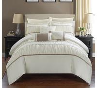 Chic Home 10 Piece Comforter Complete Bag Pleated Ruched Ruffled Bedding with Sheet Set and Decorative Pillows Shams Included, Microfiber, Beige, King