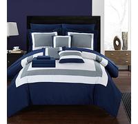 Chic Home Comforter Complete Bag Pieced Color Block Patterned Bedding with Sheet Set and Decorative Pillows Shams Included, Cotton, Navy, Queen