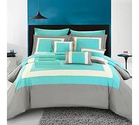 Chic Home Comforter Complete Bag Pieced Color Block Patterned Bedding with Sheet Set and Decorative Pillows Shams Included, Polyester, Turquoise, Queen