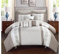 Chic Home Set with Sheets-Colorblocked Down Alternative Comforter with Shams, 3 Decorative Pillows and Bedding-Twin, Queen, and King Size, Cotton, Beige