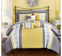 Chic Home Set with Sheets-Colorblocked Down Alternative Comforter with Shams, 3 Decorative Pillows and Bedding-Twin, Queen, and King Size, Cotton, Yellow