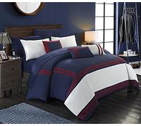 Chic Home Zarah 10 Comforter Complete Bag Pieced Color Block Banding Bedding with Sheet Set and Decorative Pillows Shams Included, Microfiber, Navy, Queen