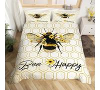 Chic Honey Bee Duvet Cover Double Gold Honeycomb Bedding Set, Bee Happy Printed Comforter Cover Yellow Sunflower Bed Set, Hexagon Bedding Wild Animal Theme Bedroom Decoratives
