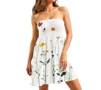 Chic Ladies Summer Dress Women UK Summer Dresses Sundress for Ladies Printed Shirred Strapless Mini Dress Sleeveless Boob Tube Sheering Pleated Swing Short Sundress Holiday Dresses (Beige, XL)