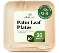 Chic Leaf 100% Compostable 25 10" Disposable Palm Leaf Plates + Cutlery (25 Forks) - Eco Friendly Disposable Plates for Wedding, Party, & Events.