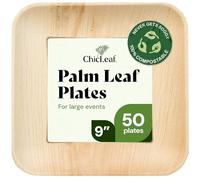 Chic Leaf Bamboo Plates - 9 Inch Square Party Pack (50 Pc) - Heavy Duty Compostable Plates - Better Than Plastic and Paper