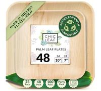 Chic Leaf Palm Leaf Compostable Disposable Plates - 25.5 x 18 cm Square (48 Pack, Wood Finish) - Party Plates, Leakproof & Sturdy - Heat & Fridge Safe, Biodegradable - Disposable Bowls - Party Bowls