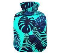 Chic Leaf Teal Hot Water Bottle with Soft Cover Bed Hand Feet Warmer Winter Gift Hot Water Bag for Pain Relief
