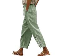 Chic Leg Pants Lace Assembler, Wide Leg Pants Woman Fluid Summer Large Size Pants 3/4 Casual Pants Cotton And Linen Cut Elastic Waist Drawstring Capri Pants With Pockets Straight Outfit, Green, XL