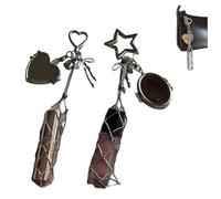 Chic Lip Gloss Holder with Heart Mirror, 2 in 1 Stainless Steel Lipstick Holder, Small Bling Crystal Lipsticks Storage Bag Key Chain, Personalized Lips Balm Case Charms Gifts (Stars+Heart)