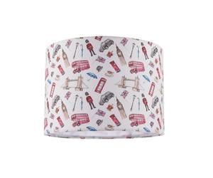 Chic London Themed Cotton Lamp Shade with Red Buses Post Boxes Black Taxis Big Ben etc | White Cotton Inner Lining | 18cm x 25cm by Happy Homewares