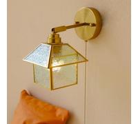 Chic Patterned Glass Wall Sconce Modern House Shape Wall Light With Pull Chain Switch, d Adjustable Bedside Reading Wall Lamp Retro Brass Indoor Clear Glass Sconces For Bedroom E27
