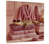 Chic Peach Alligator Bath Canvas Wall Art, Funky Animal Decor for Bathroom, Living Room, Bedroom, Aesthetic Home Art for Spring and Summer 12x12 Inch