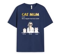 Chic Personalised Cat Mum & Dad T-Shirt - Gifts for Parents & Grandparents for Mother's Day, Father's Day, Christmas, Birthday (2 Cats, Navy)