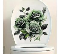 Chic Retro Green Rose Toilet Cover Sticker Decals,Fish Bird Flower Leaf Waterproof Toilet Lid Tank Seat Decals Cistern Self-Adhesive Bathroom Wall Sticker