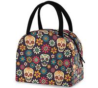 Chic Sugar Skull Day of The Dead Reusable Lunch Tote Bag with Front Pocket Zipper Closure Insulated Thermal Cooler Container Bag for Man Women Work Picnic Travel Beach Fishing