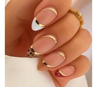 Chic Swirl Press On Nails - 24Pcs Medium Long Almond False Nails with Gold Line and French Tip Design - Glossy Reusable Stick On Nails with Adhesive Tabs for Women