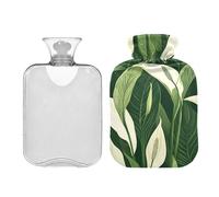 Chic White Peace Lily Flowers Green Leaves Minimalist Style hot Water Bottle with Soft Cover 2L Water Bottle Bag for Tummy Warmer Menstrual Cramps bolsas para agua Caliente