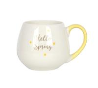 Chic White & Yellow Hello Spring Rounded Mug - 9.4cm x 13.6cm (1 Pc.) - High Quality Ceramic Material - Perfect for Spring, Sweet Gift for Mother's Day