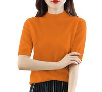 Chic Women’s Short Sleeve T-Shirts Women Base Sweater Solid Crewneck Knitwear Short Sleeve Pullover Slim Knitted Bottoming Shirt for Autumn Winter Women Tee Shirts Pack (Orange, M)
