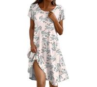 Chic Womens Summer Dresses Uk, Women's Bohemian Floral Printed Round Neck Short Sleeve Dress Summer Knee Length Beach Dress With Pockets Lightweight Tunic Dresses Elegant A-Line Shirt Trendy Sundress