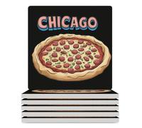 Chicago And Pizza Square Ceramic Coaster Set with Non-Slip Cork Base Drink Coasters Tabletop Protection for Kitchen Home Bar