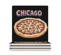 Chicago And Pizza Square Ceramic Coaster Set with Non-Slip Cork Base Drink Coasters Tabletop Protection for Kitchen Home Bar