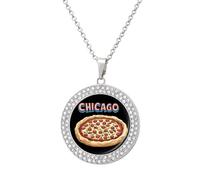 Chicago And Pizza Women's Round Diamond Necklace Vintage Alloy Pendants Multicolored Sparkly Jewelry