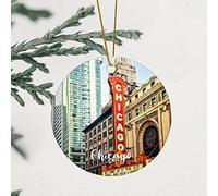Chicago Christmas Porcelain Ornament City Skyline Ceramic Keepsake 3.2 Inch with Gold String Two Side Printed Classic Ornament Wedding Decoration for Couple Xmas Married Holiday Home Decor