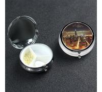 Chicago City Pill Box with Mirror 3 Compartment Decorative Pill Case for Purse or Pocket Small Round Pill Organizer Weekly Metal Medicine Tablet Vitamin Holder Travel Gift