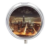 Chicago City Pill Organizer 3 Compartment Travel Pillbox with Mirror Daily Medicine Pill Case Metal Pill Box for Purse & Pocket Portable Small Medicine Box Round Vitamin Case Container