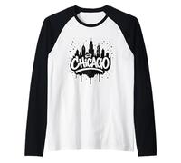 Chicago City Skyline Graffiti Street Art Travel Souvenir Raglan Baseball Tee