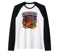 Chicago Cityscape DeepDish Pizza Hot Dog Graphic Raglan Baseball Tee