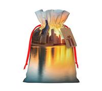 Chicago Downtown Sunset Printed Christmas Drawstring Bags,S Reusable Xmas Gift Storage Bags, Red Ribbon