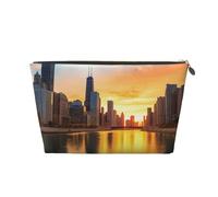 Chicago Downtown Sunset Prints PVC Leather Travel Toiletry Bag with Gold Zippers, Waterproof Cosmetic Organiser for Makeup, Toiletries & Essentials