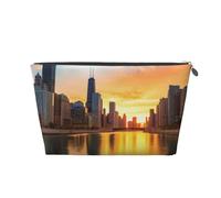 Chicago Downtown Sunset Prints PVC Leather Travel Toiletry Bag with Silver Zippers, Waterproof Cosmetic Organiser for Makeup, Toiletries & Essentials