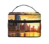Chicago Downtown Sunset Prints Travel Makeup Bag Flip Portable Toiletry Bag with Handle for Women's Travel and Daily Use