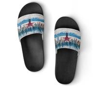 Chicago Flag City Skyline on Brick Wall Lightweight Shower Slippers Summer Non-Slip Sliders Sandals Comfortable House Shoes